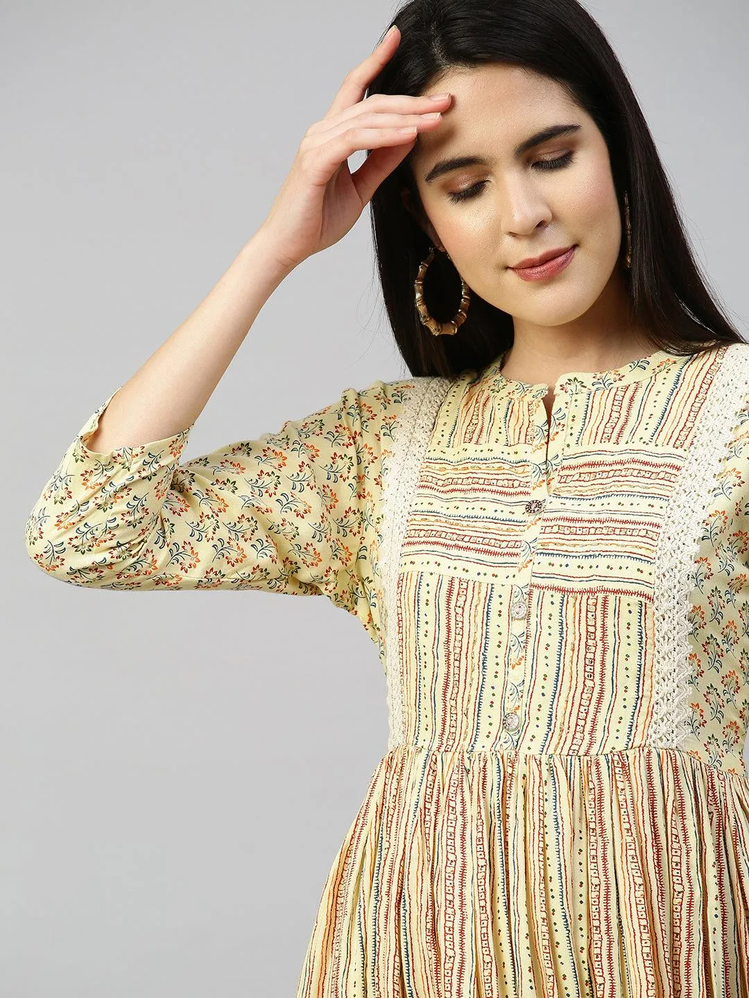 Ethnic Printed Flounce Flared Dress - Pastel Yellow