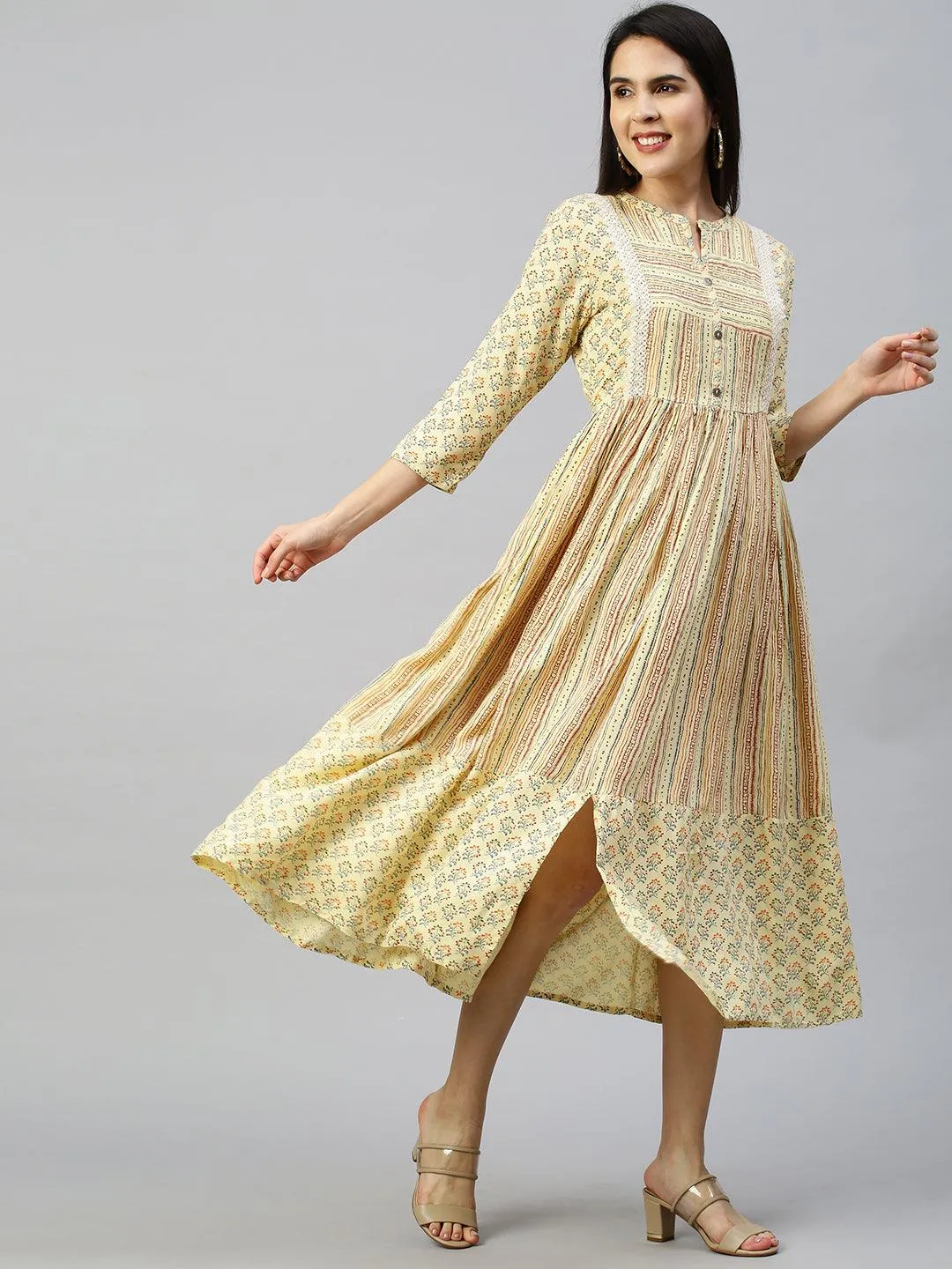 Ethnic Printed Flounce Flared Dress - Pastel Yellow