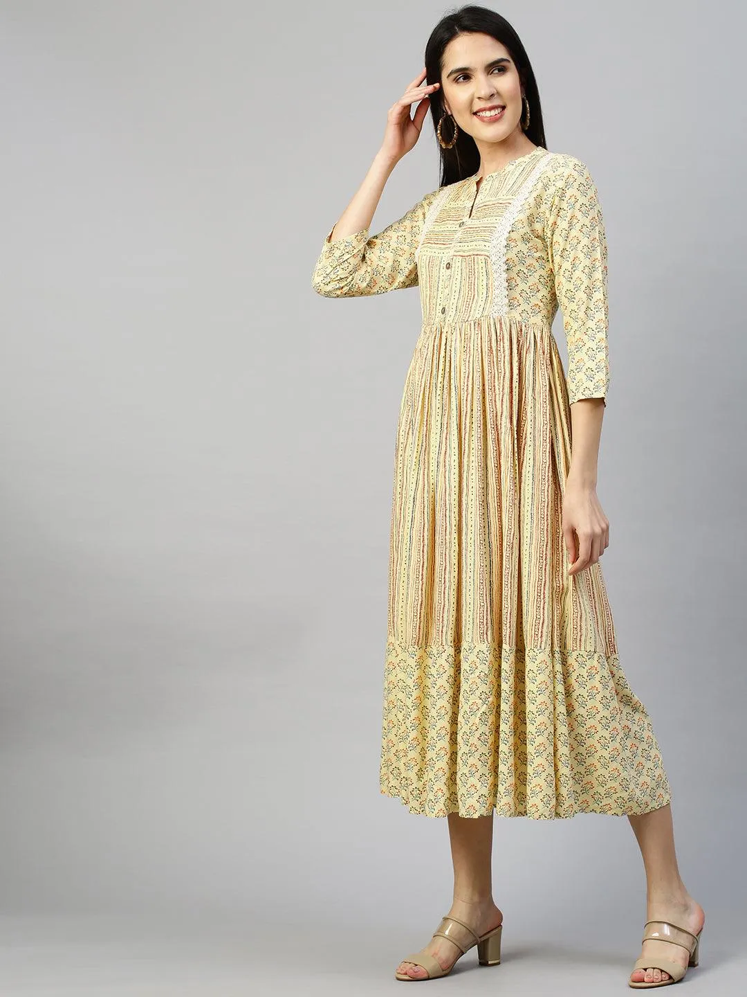 Ethnic Printed Flounce Flared Dress - Pastel Yellow