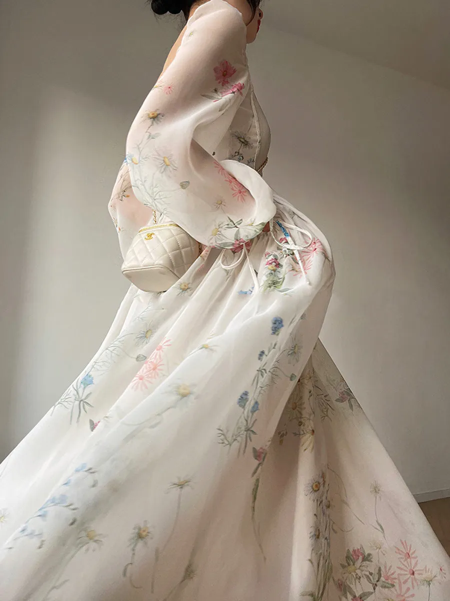Flytonn-hoco dresses homecoming dresses  women dress to impress  y2k outfits spring summer women's dress Puff Long Sleeve Floral Maxi Dress