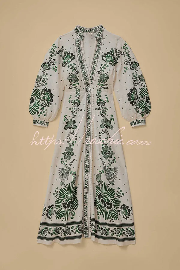 Forest Soul Unique Print Button Down Long Sleeve Shirt Maxi Dress