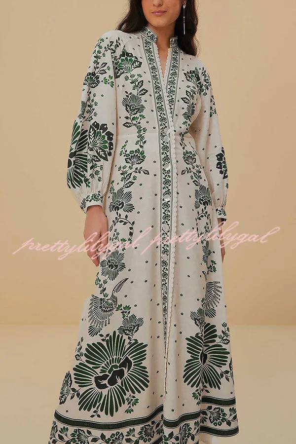 Forest Soul Unique Print Button Down Long Sleeve Shirt Maxi Dress