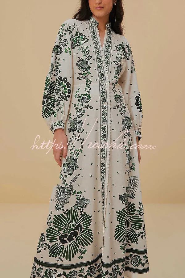 Forest Soul Unique Print Button Down Long Sleeve Shirt Maxi Dress