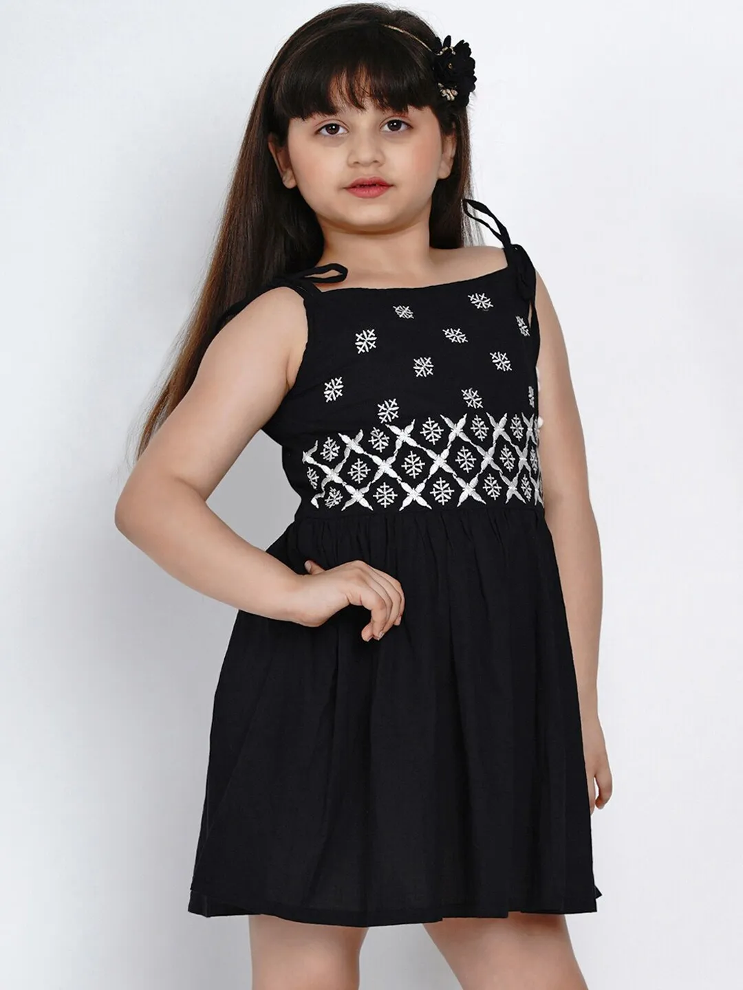 Girl's Black Embroidered Fit And Flare Dress  - NOZ2TOZ KIDS