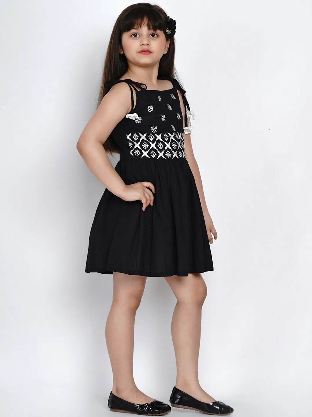 Girl's Black Embroidered Fit And Flare Dress  - NOZ2TOZ KIDS