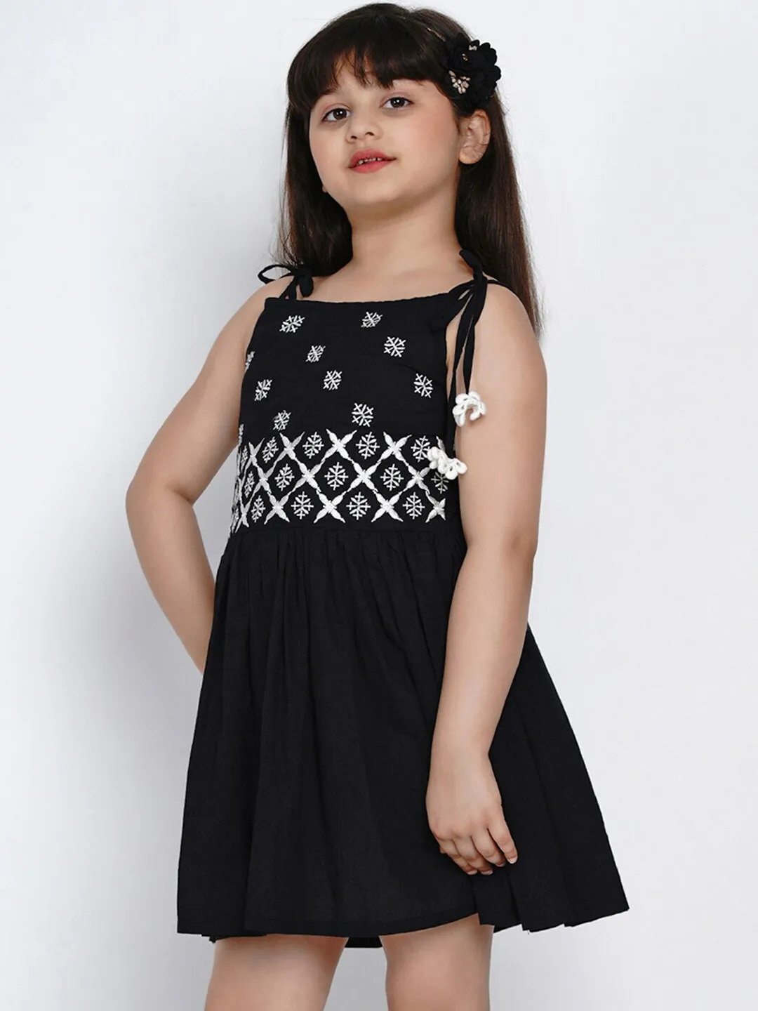 Girl's Black Embroidered Fit And Flare Dress  - NOZ2TOZ KIDS