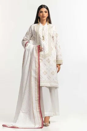 Gul Ahmed 03 Piece Stitched Embroidered Lawn Shirt Printed Lawn Dupatta Dyed Trouser KJP-43181