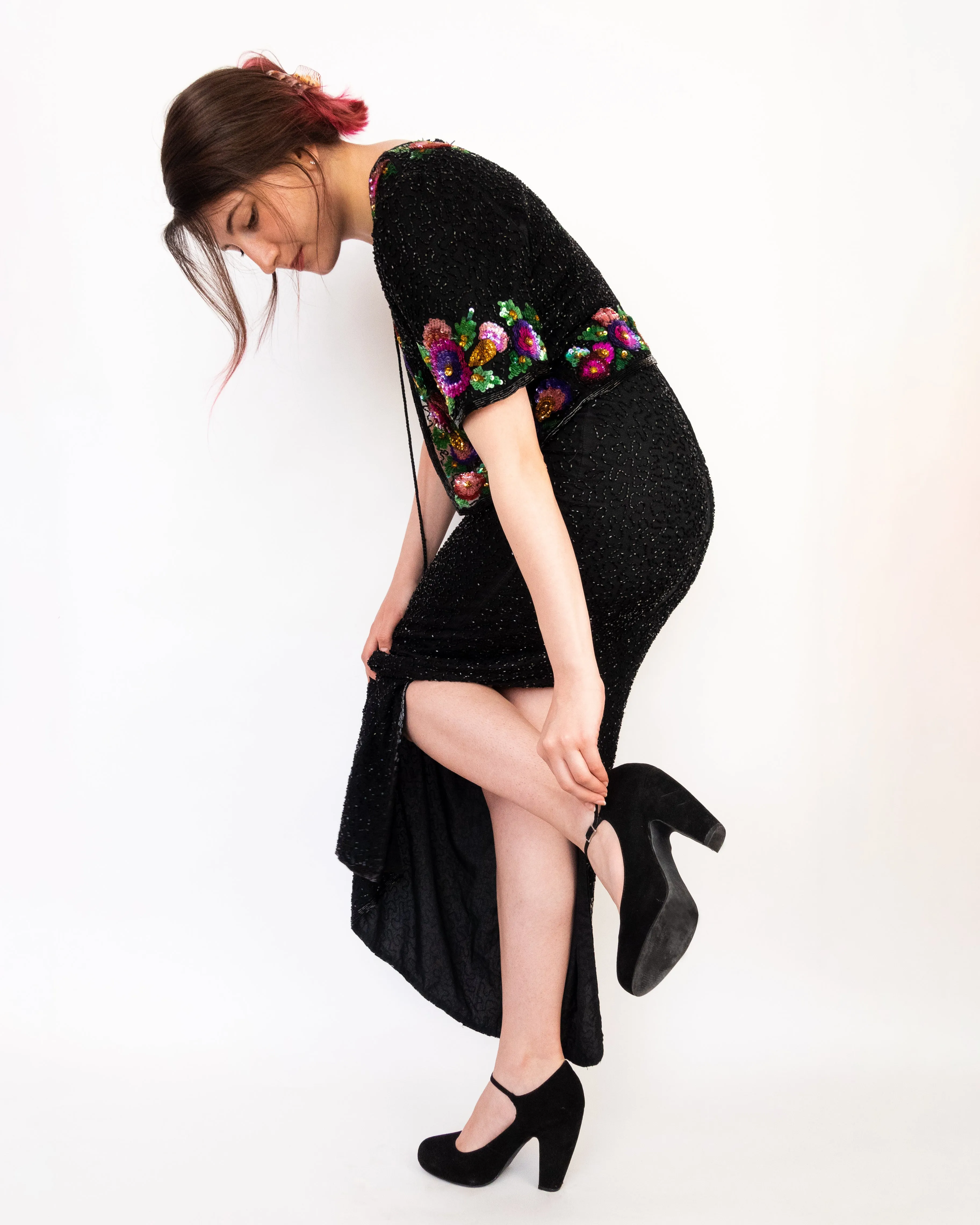 Hand Beaded Floral Sequin Embroidered Maxi Dress Black