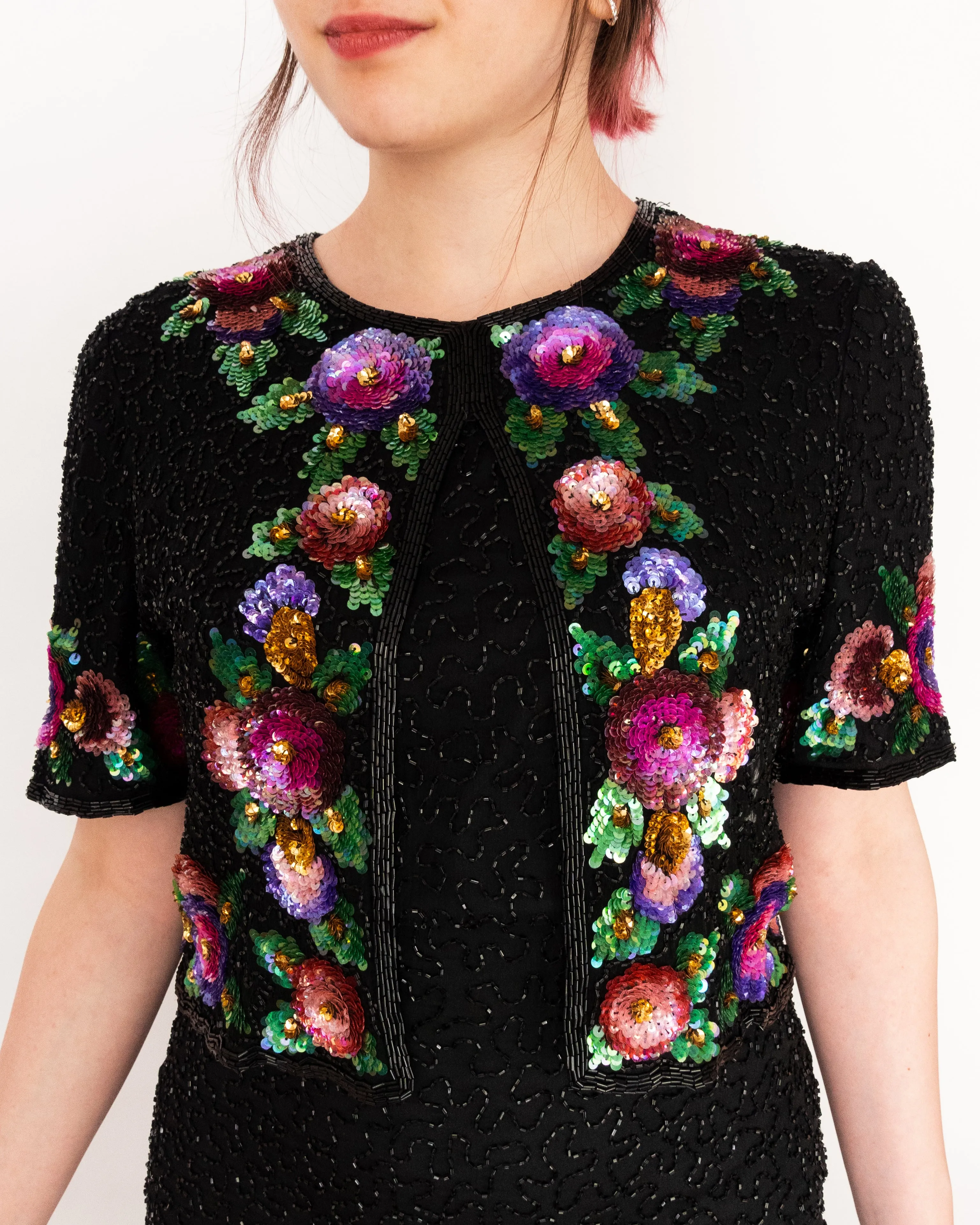 Hand Beaded Floral Sequin Embroidered Maxi Dress Black