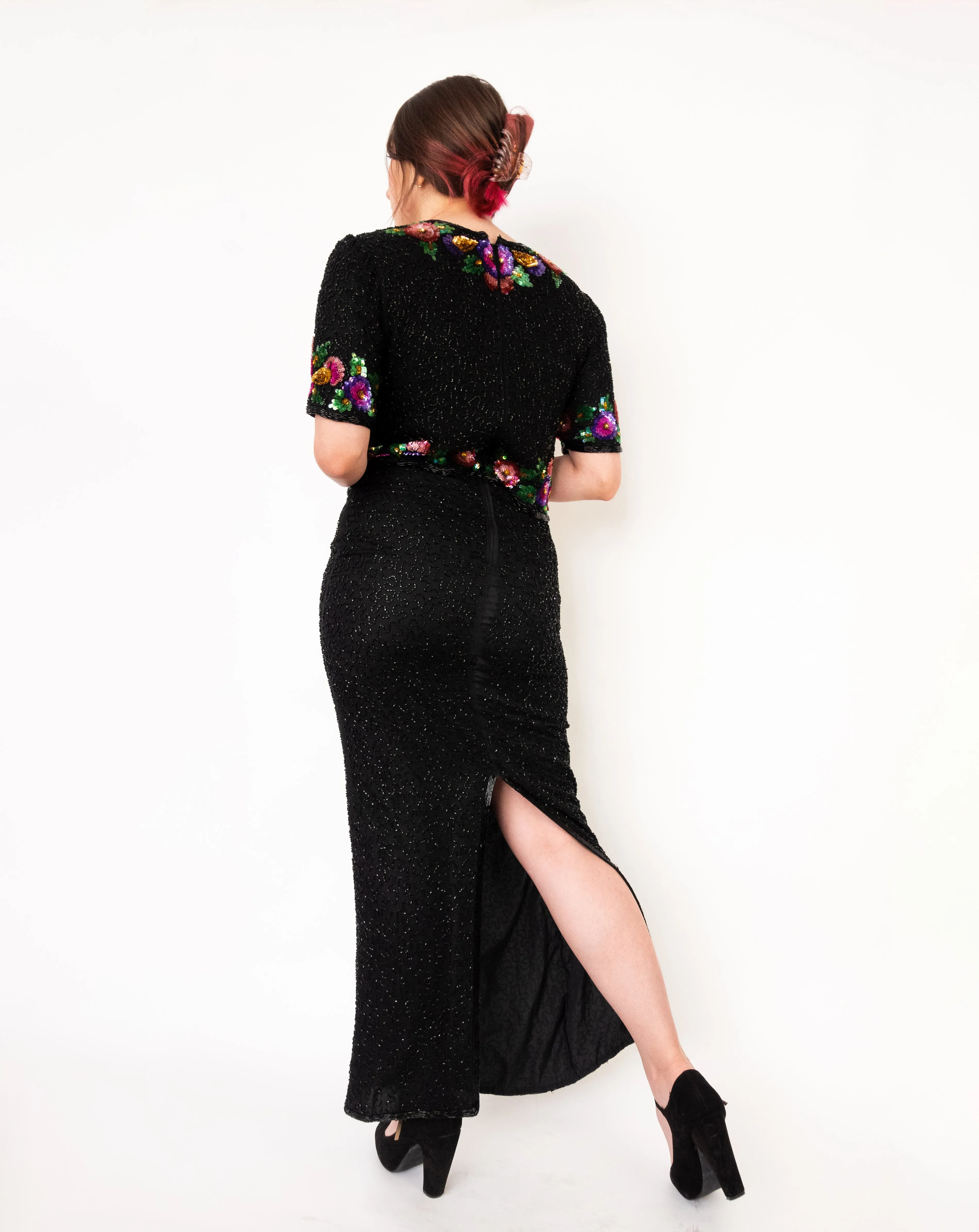 Hand Beaded Floral Sequin Embroidered Maxi Dress Black