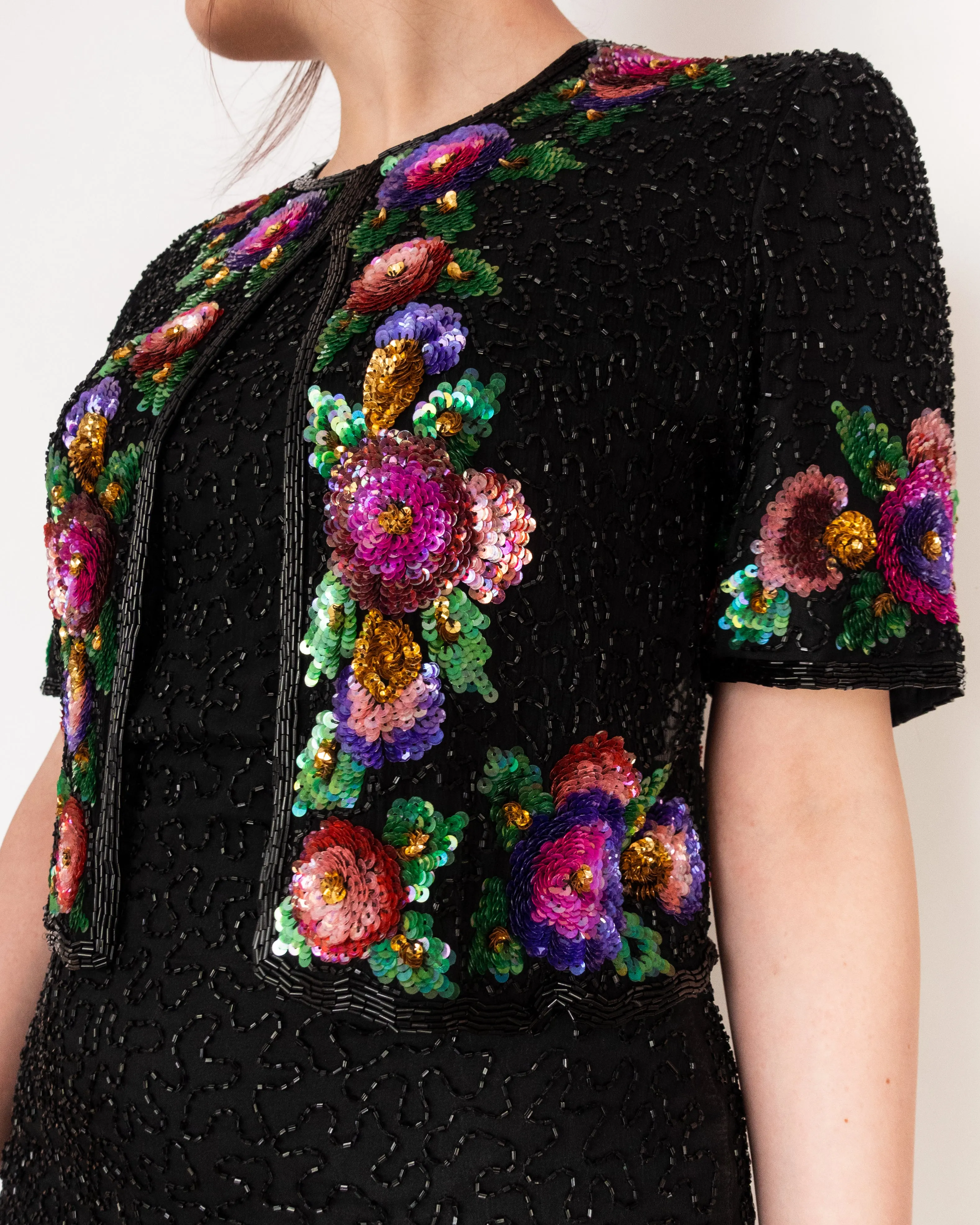 Hand Beaded Floral Sequin Embroidered Maxi Dress Black