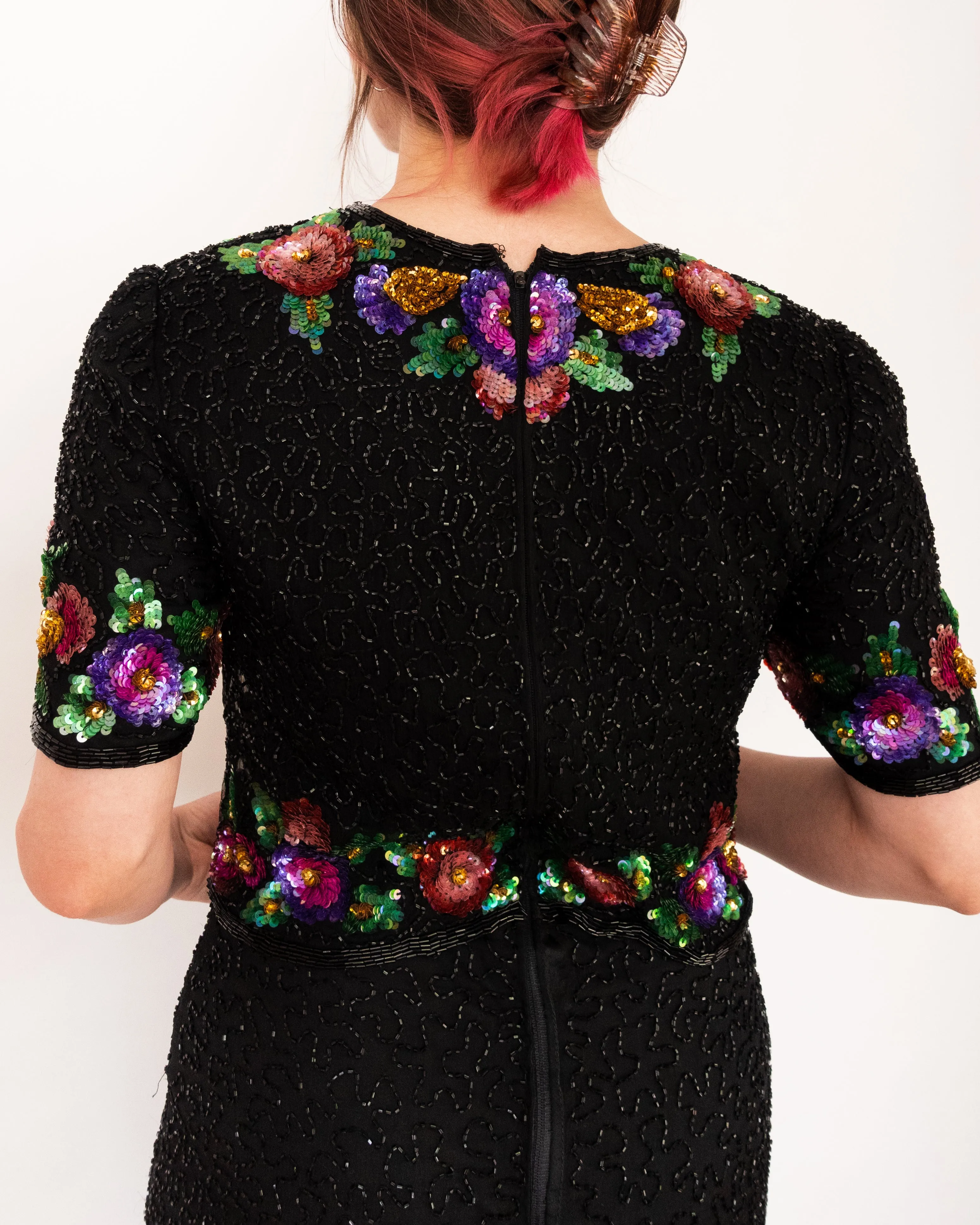 Hand Beaded Floral Sequin Embroidered Maxi Dress Black