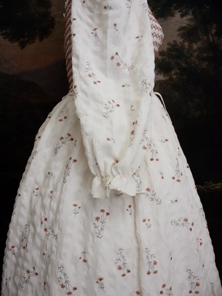 Historically Inspired Smocked Floral Print Tea Gown in Peaches & Cream