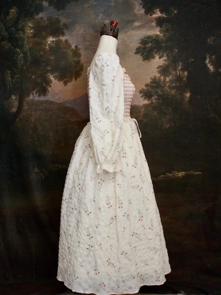 Historically Inspired Smocked Floral Print Tea Gown in Peaches & Cream