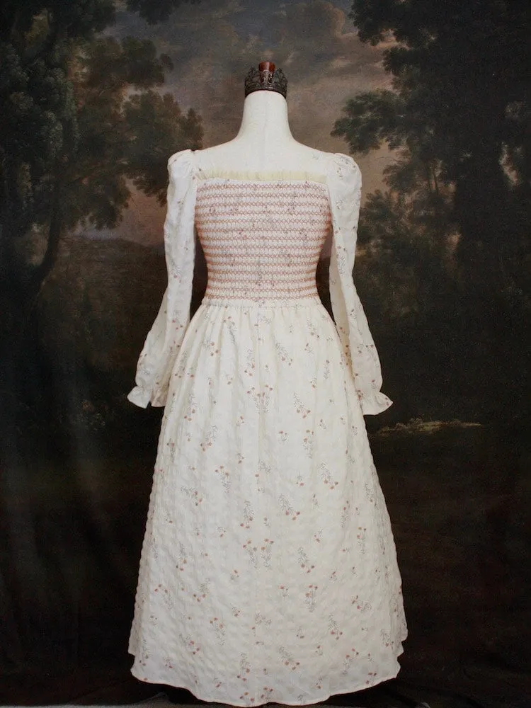 Historically Inspired Smocked Floral Print Tea Gown in Peaches & Cream