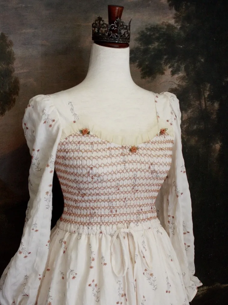 Historically Inspired Smocked Floral Print Tea Gown in Peaches & Cream