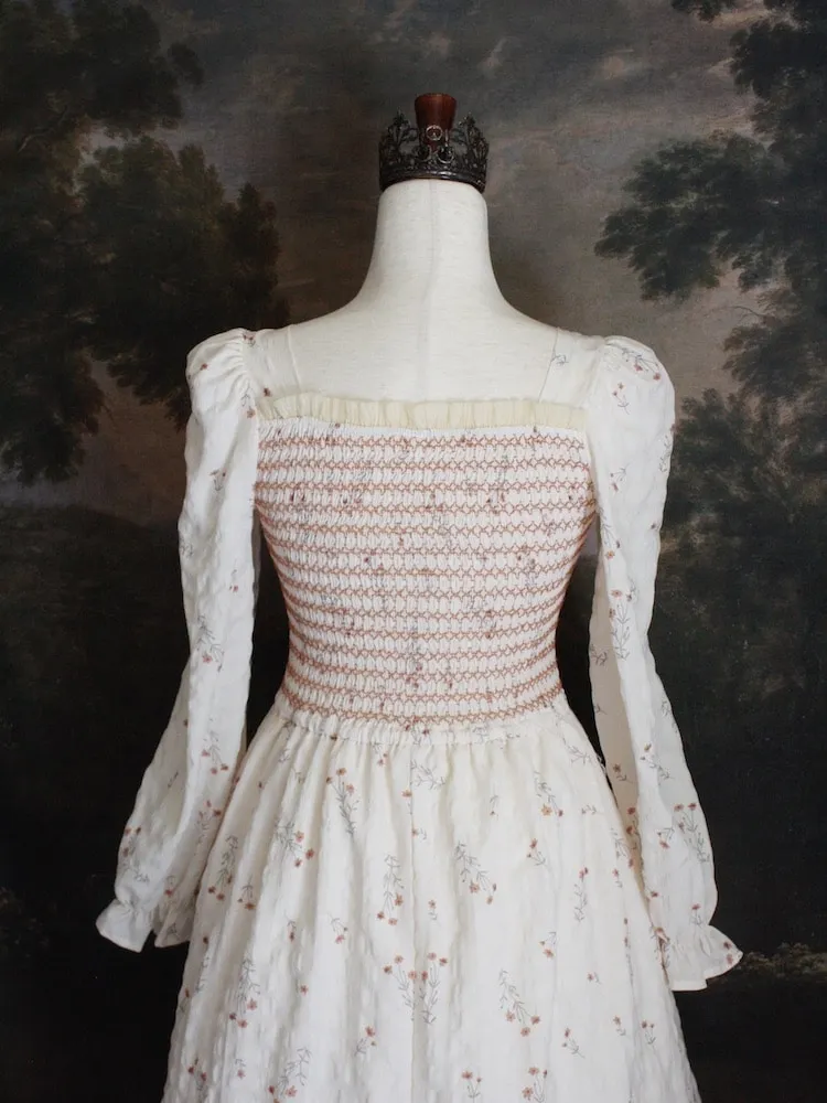 Historically Inspired Smocked Floral Print Tea Gown in Peaches & Cream