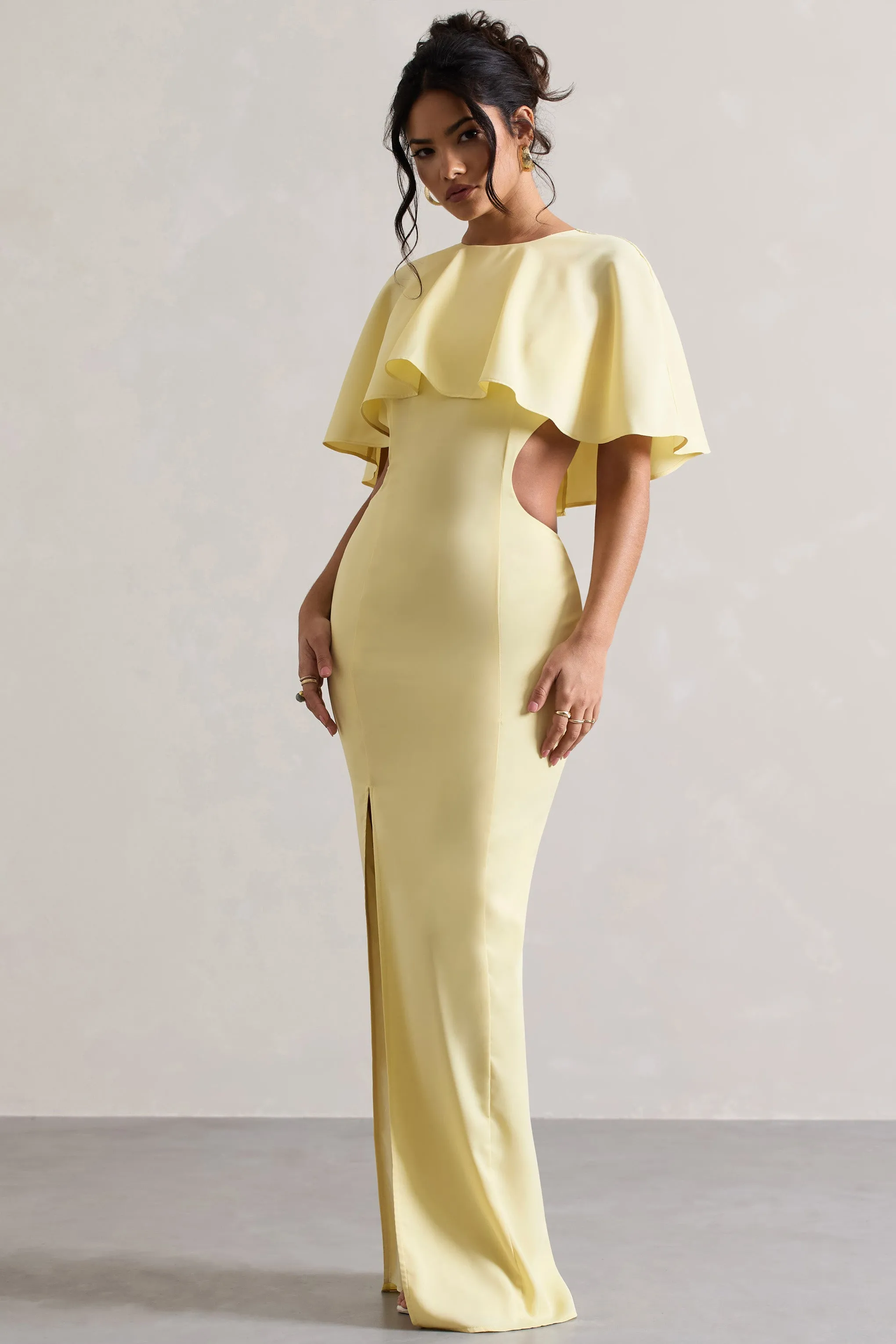 Isadora | Pastel Yellow Cut-Out Split Maxi Dress With Cape