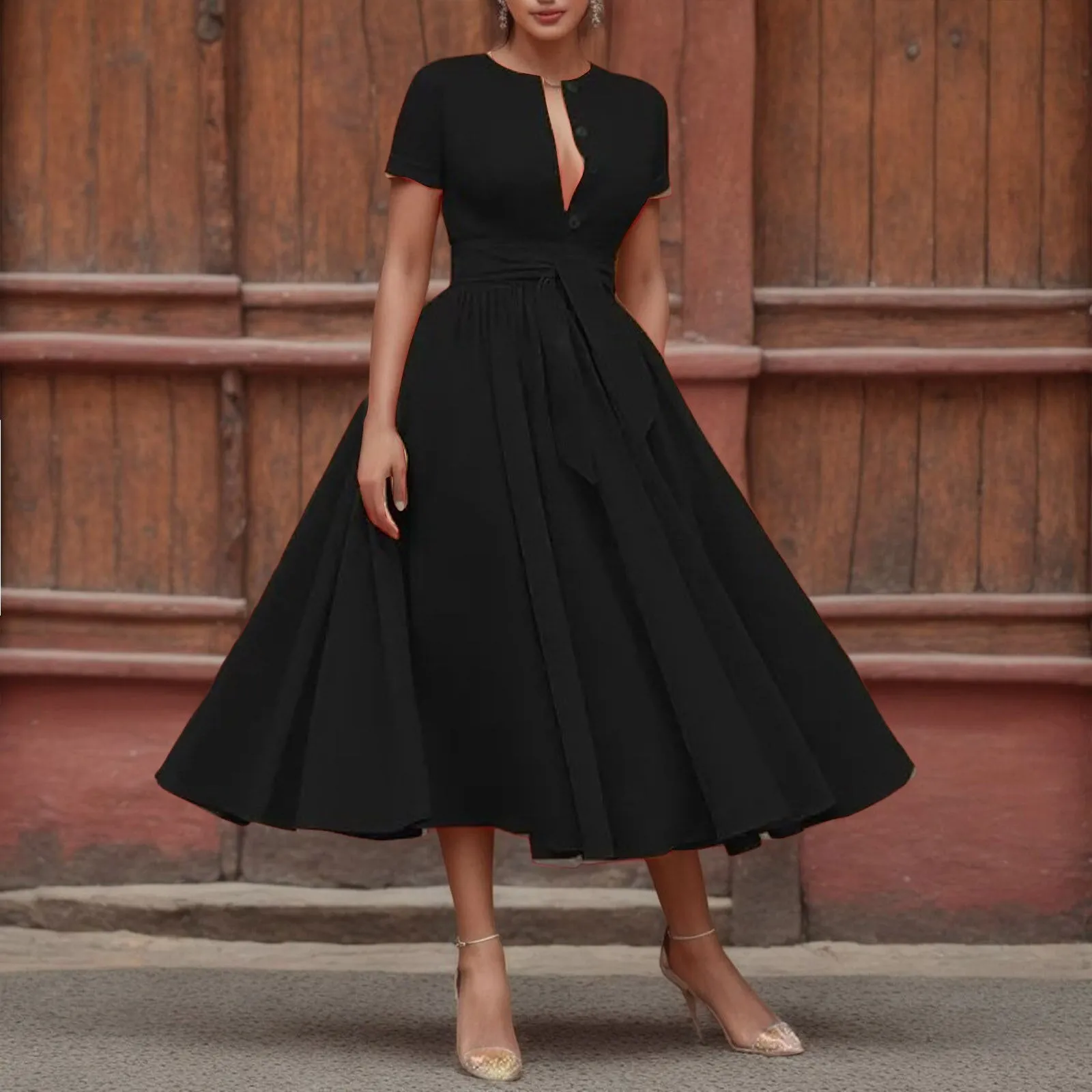 JuliaFashion - 2024 Vintage Solid Short Sleeve Maxi Dress