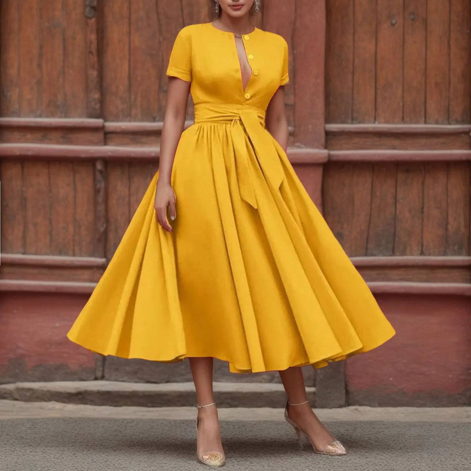 JuliaFashion - 2024 Vintage Solid Short Sleeve Maxi Dress