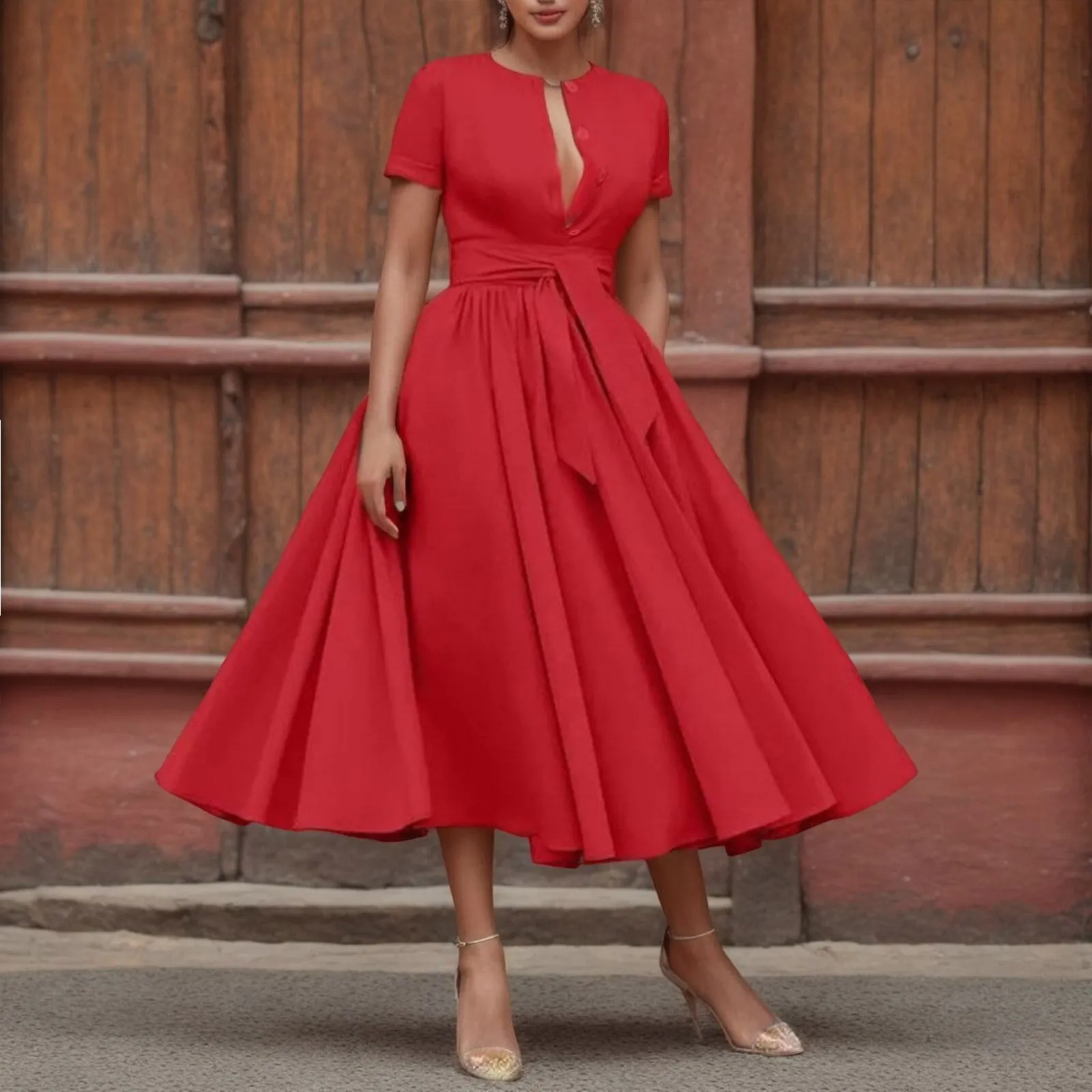JuliaFashion - 2024 Vintage Solid Short Sleeve Maxi Dress