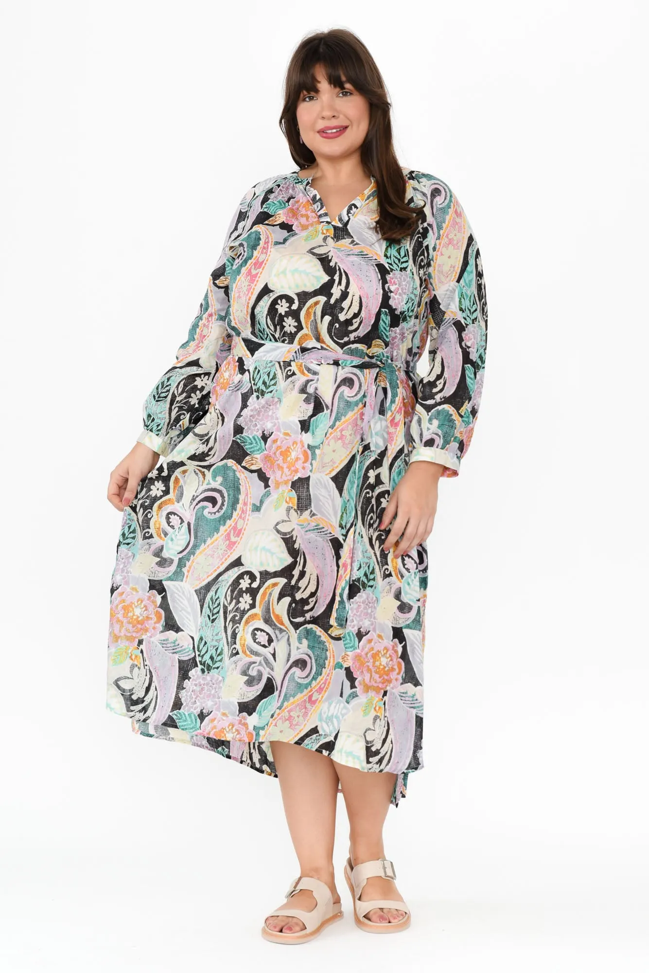 Liliana Black Paisley Cotton Tie Dress