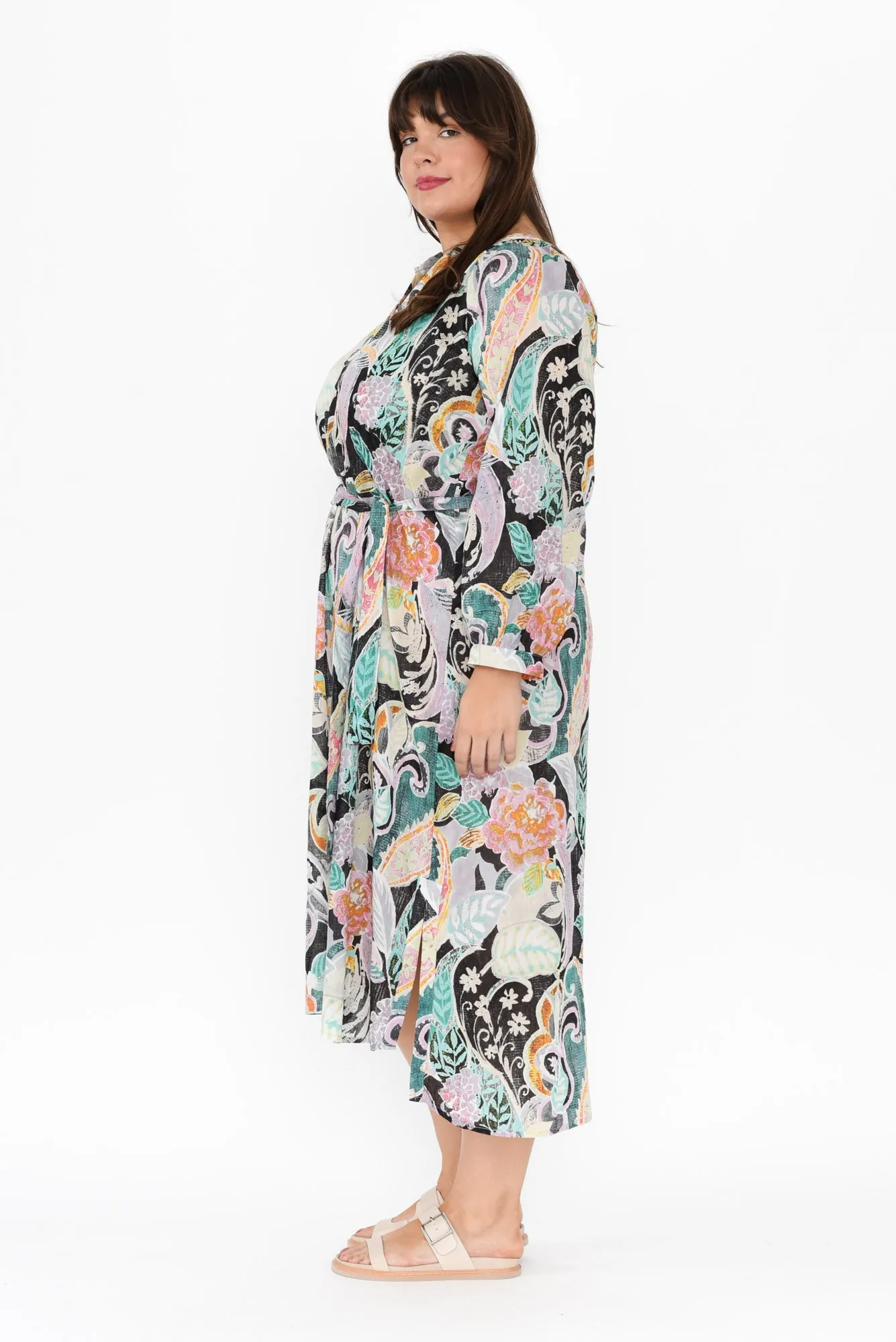 Liliana Black Paisley Cotton Tie Dress