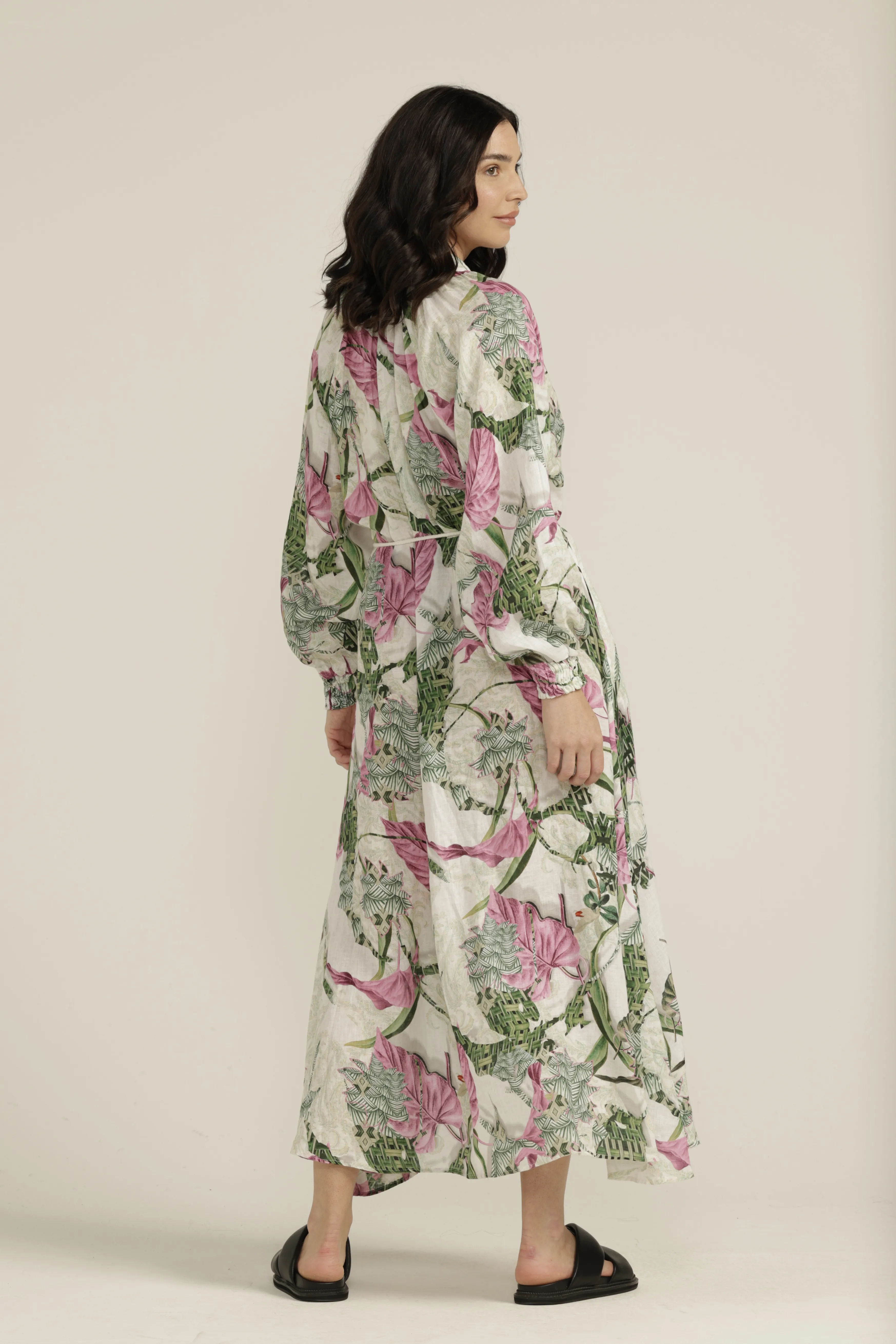 Linen Palms Print Rope Belted Maxi Dress