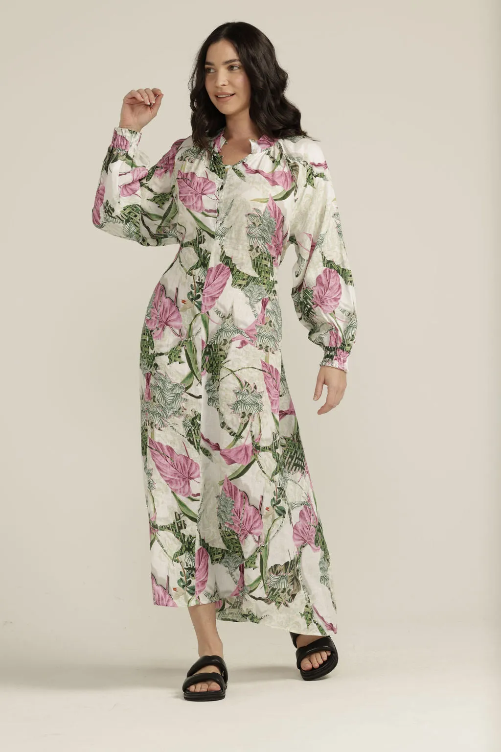 Linen Palms Print Rope Belted Maxi Dress