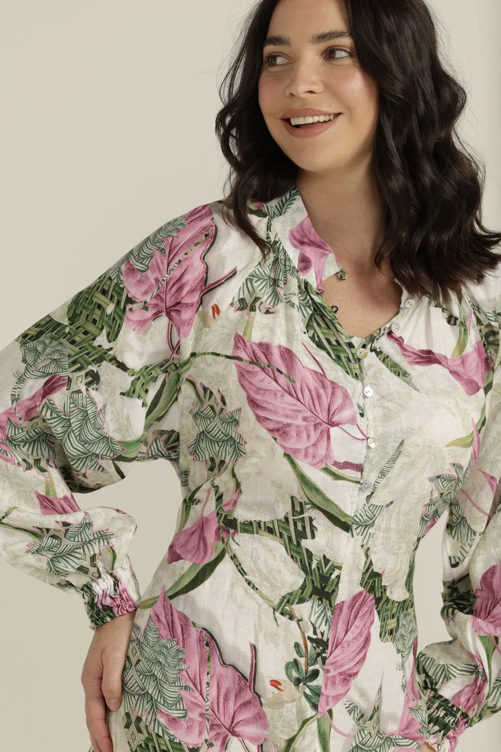 Linen Palms Print Rope Belted Maxi Dress