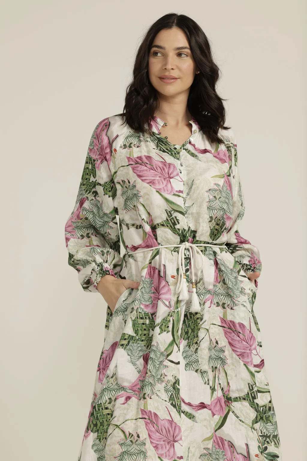 Linen Palms Print Rope Belted Maxi Dress