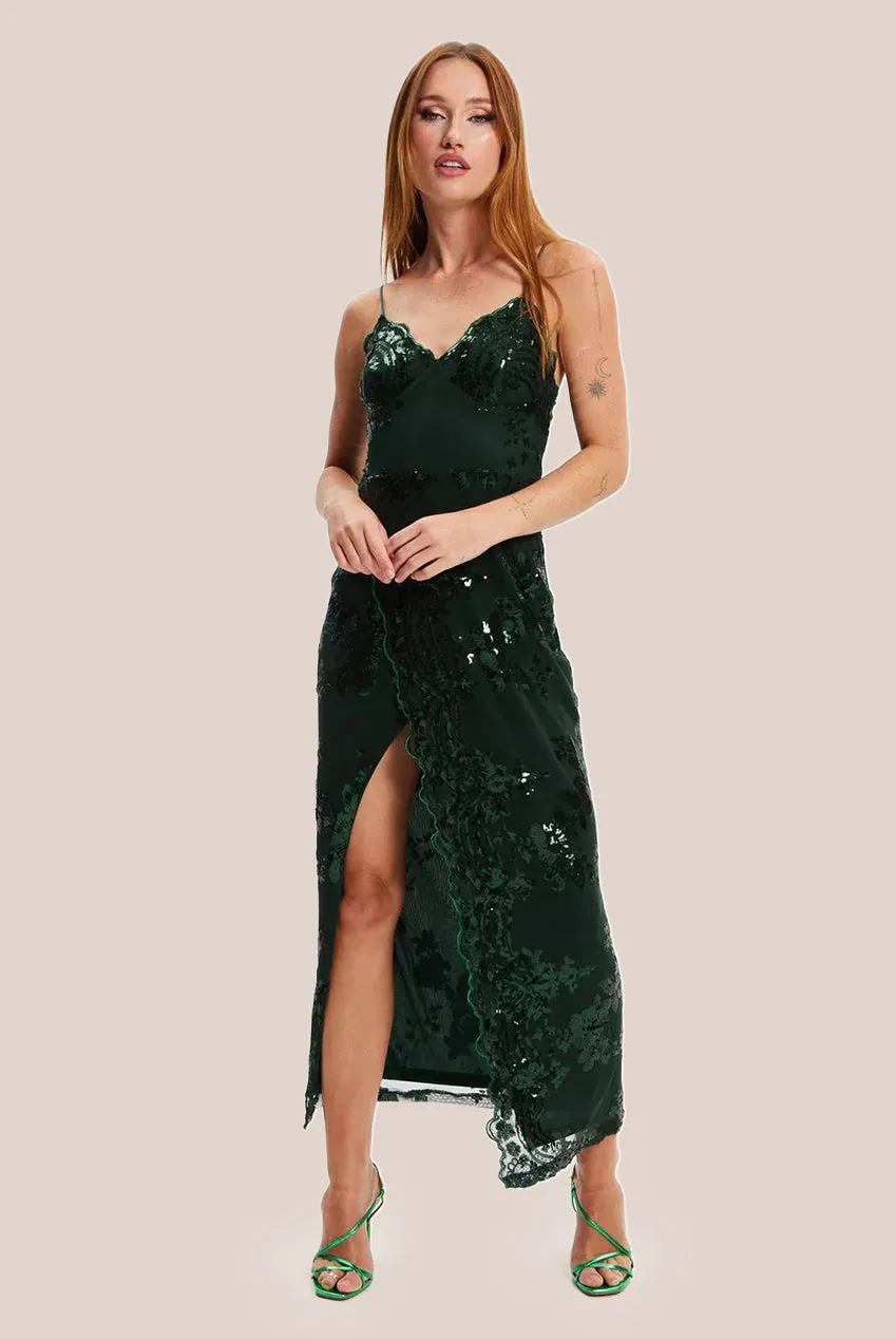 Liquorish Forest Green Sequin Maxi Dress With Long Slit