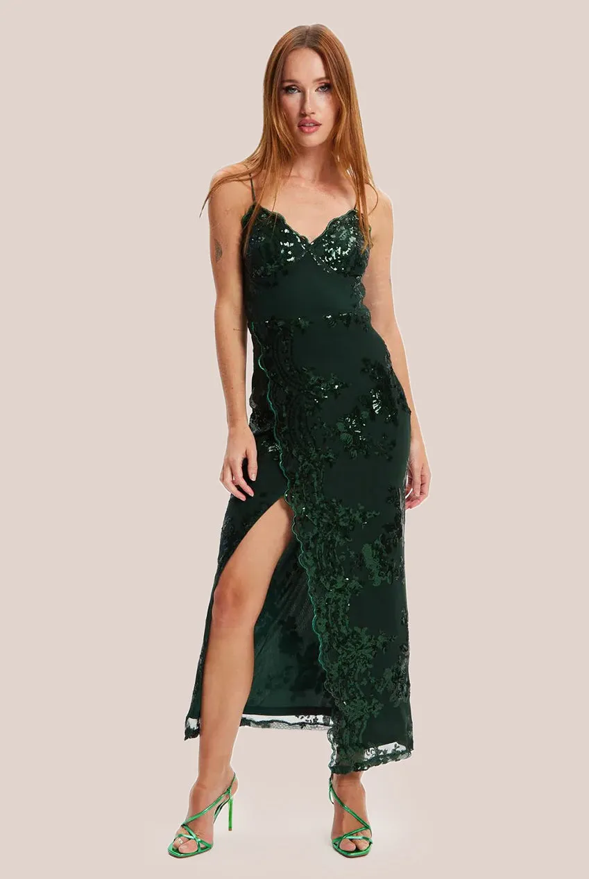 Liquorish Forest Green Sequin Maxi Dress With Long Slit