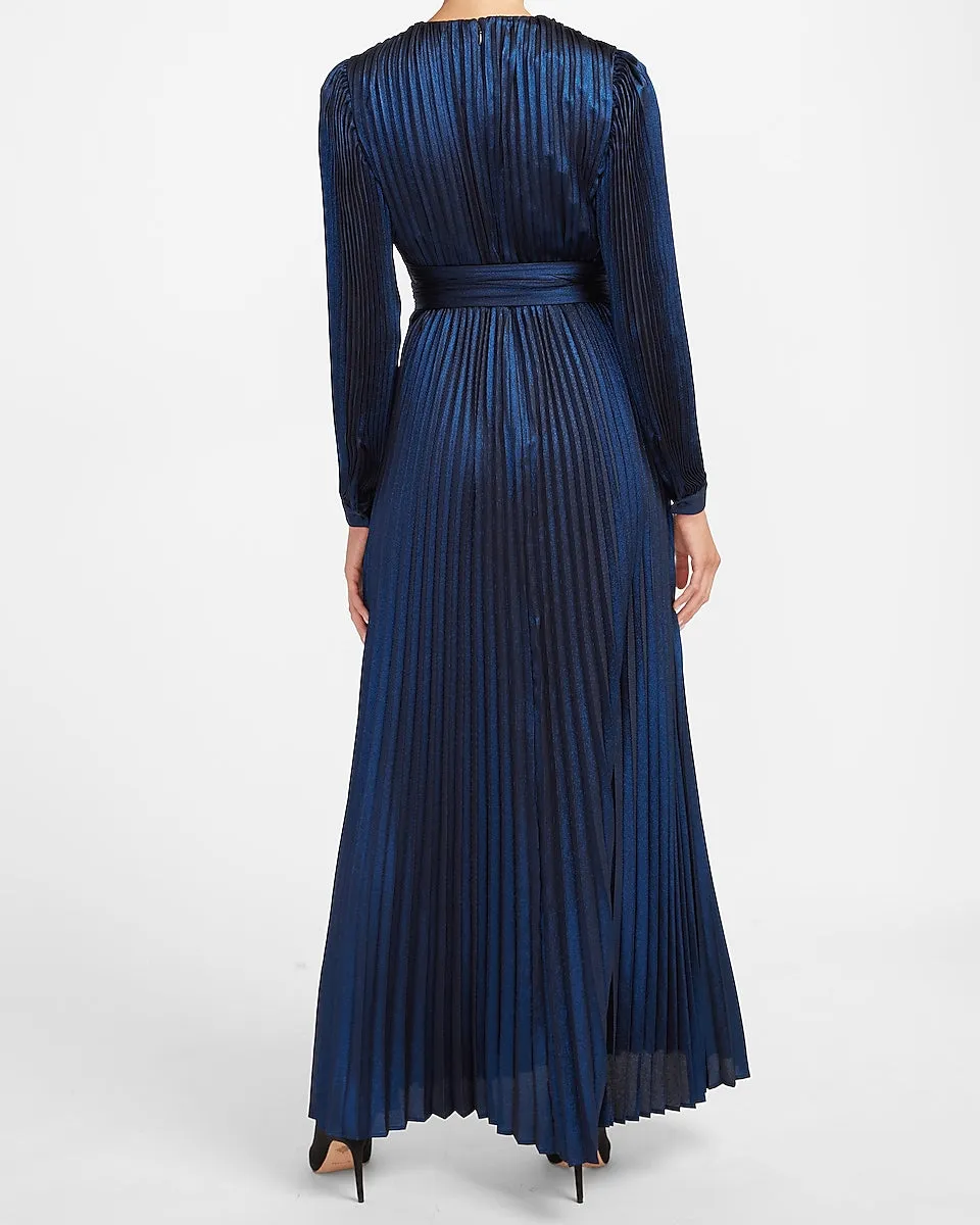 Metallic Pleated Tie Front Maxi Dress in Dark Blue