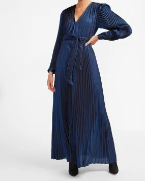 Metallic Pleated Tie Front Maxi Dress in Dark Blue
