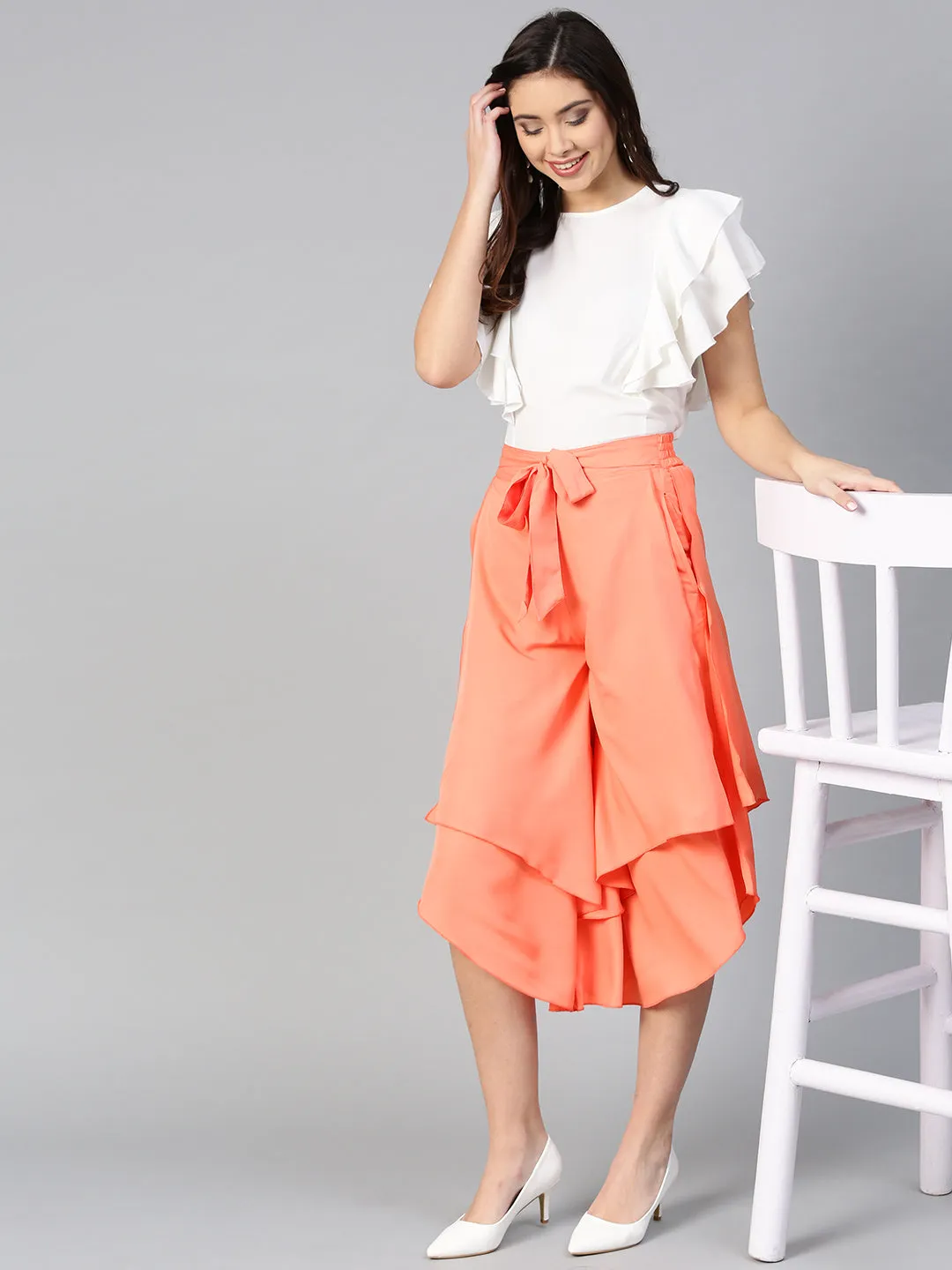 Off White Princess Ruffle Sleeveless Top & Peach Layered Trouser Set (SKU-BLMG7824)