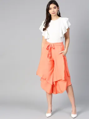 Off White Princess Ruffle Sleeveless Top & Peach Layered Trouser Set (SKU-BLMG7824)