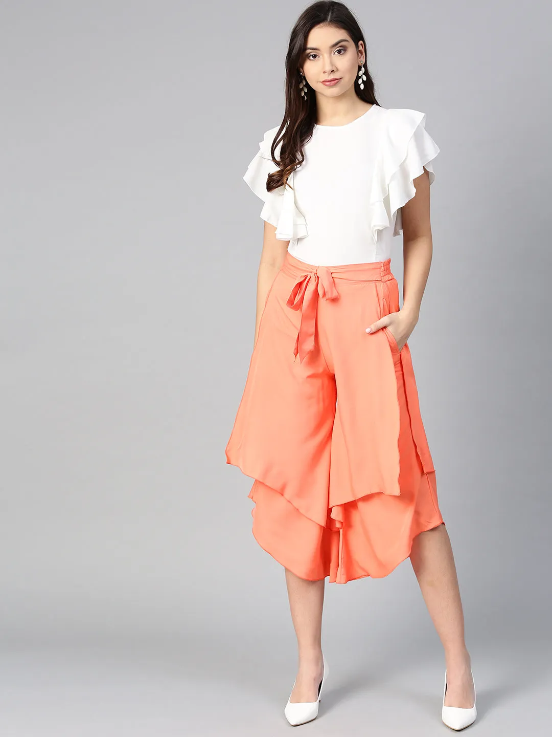 Off White Princess Ruffle Sleeveless Top & Peach Layered Trouser Set (SKU-BLMG7824)