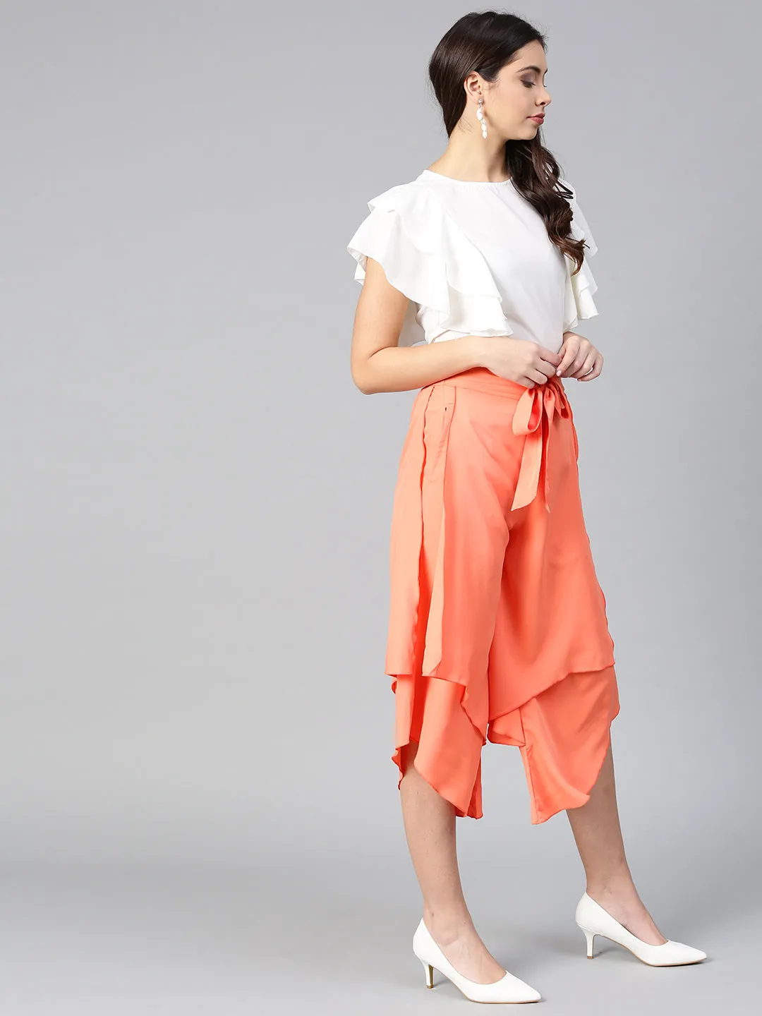 Off White Princess Ruffle Sleeveless Top & Peach Layered Trouser Set (SKU-BLMG7824)