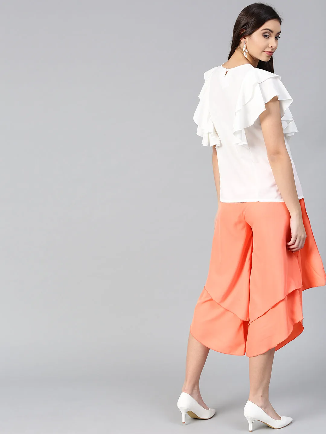 Off White Princess Ruffle Sleeveless Top & Peach Layered Trouser Set (SKU-BLMG7824)