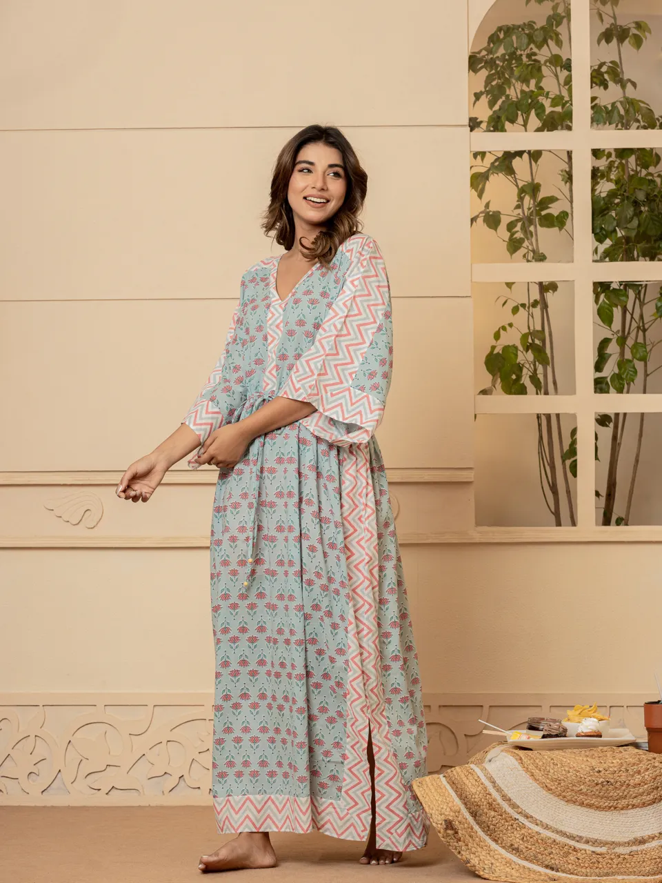 Pastel blue flower  border kaftan