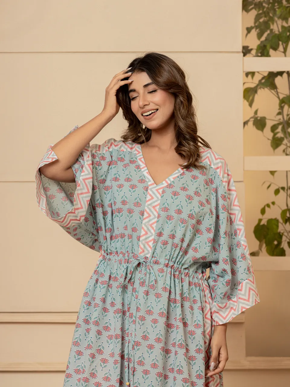 Pastel blue flower  border kaftan