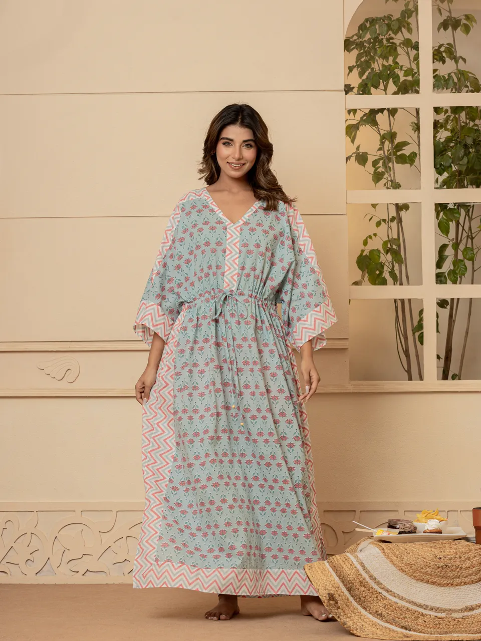 Pastel blue flower  border kaftan