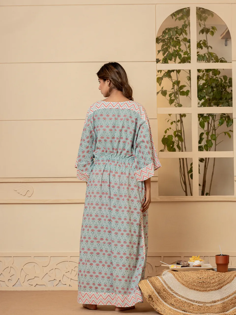 Pastel blue flower  border kaftan