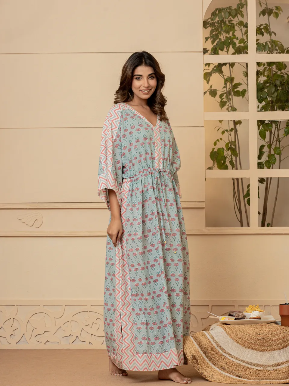 Pastel blue flower  border kaftan