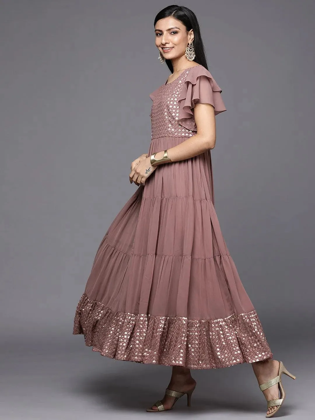 Pink Embellished Georgette Fit and Flare Dress