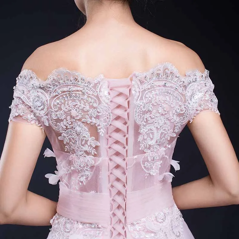 Pink Lace Off the Shoulder Formal Prom Evening Dress EN902