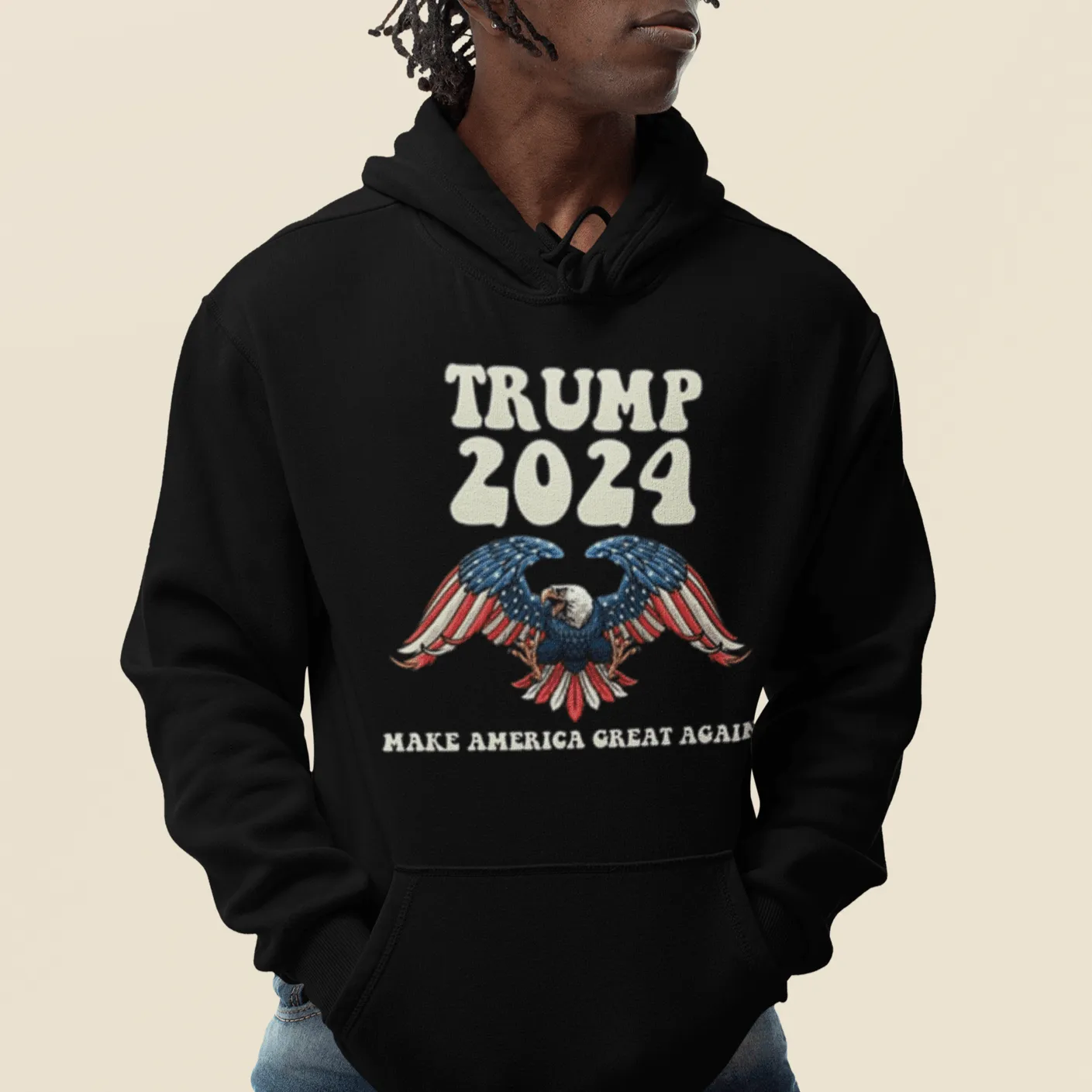 Political Hoodie American Eagle Trump 2024 Midweight Blended Cotton Unisex Pullover