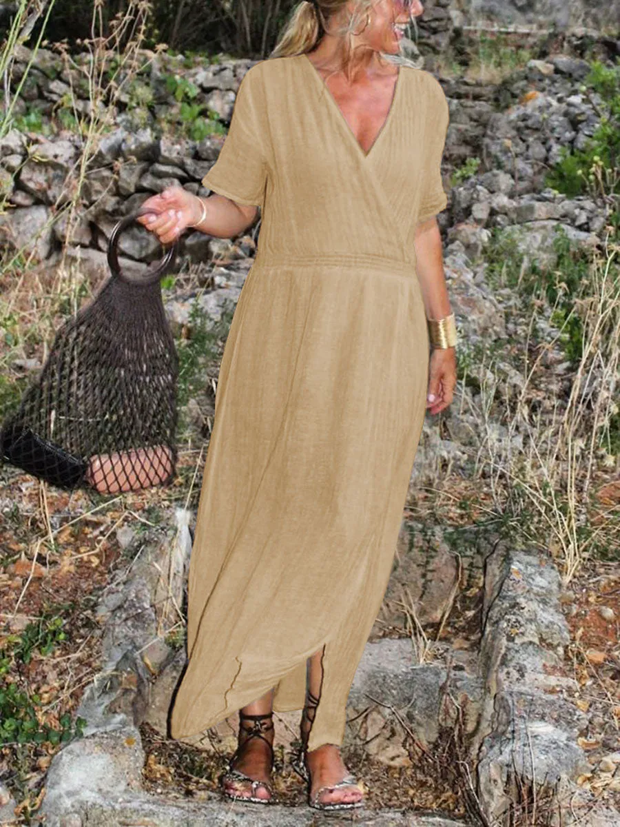Pure Color V-Neck Casual Dress