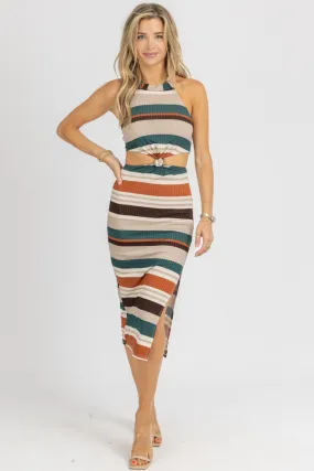 RUST   HUNTER GREEN FRONT KNOT MIDI DRESS